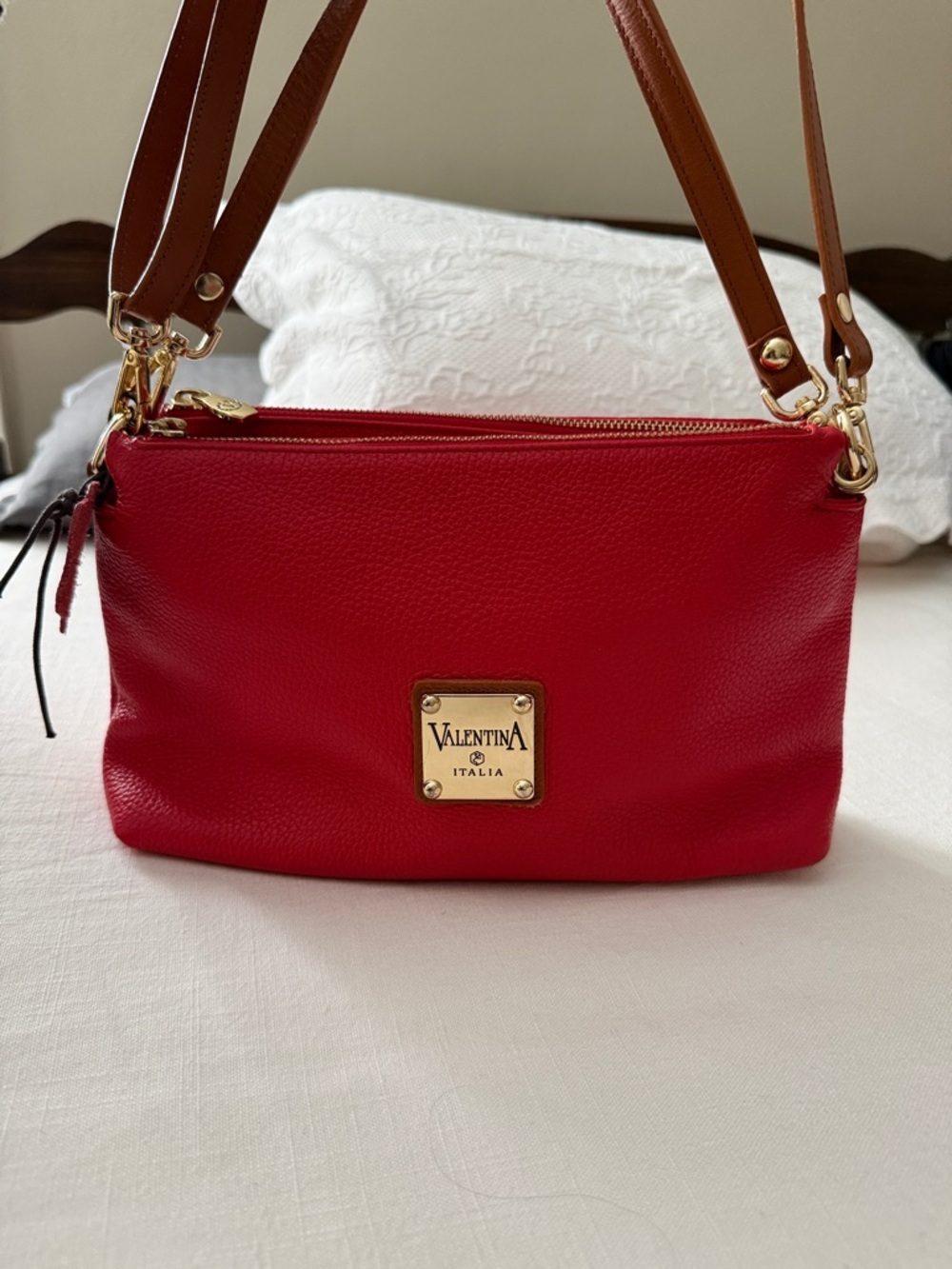 Valentina Red Italian Leather Shoulder Bag with Brown Straps and Gold Plaque